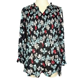 Lane Bryant Black Floral Smocked Career Blouse